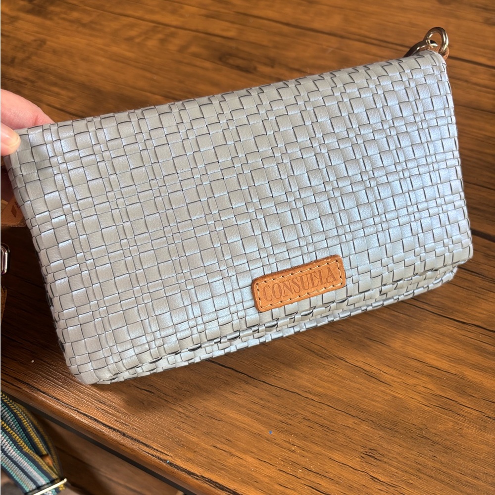 Consuela Gray Woven Clutch with Leather Accent